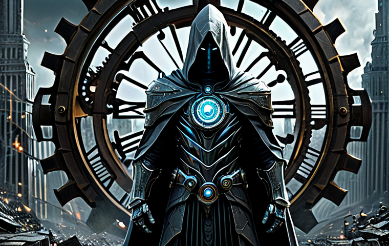 Chronos - The Time Manipulator**

"A stern, imposing figure cloaked in dark, futuristic armor, intricate temporal devices integrated into the design, standing amidst swirling clockwork gears and ethereal time streams, a dramatic, determined expression on their face. Background: a shattered cityscape with elements of different historical periods merged together. Safe for work, appropriate content, fully clothed, professional concept art, perfect anatomy, correct proportions, natural pose."

**